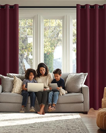 JIUZHEN Burgundy Blackout Curtains with Tiebacks Thermal Insulated, Light Blocking and Noise Reducing Grommet Curtains for Bedroom and Living Room, Set of 2 Window Curtain Panels, 70 x 72 Inch Length