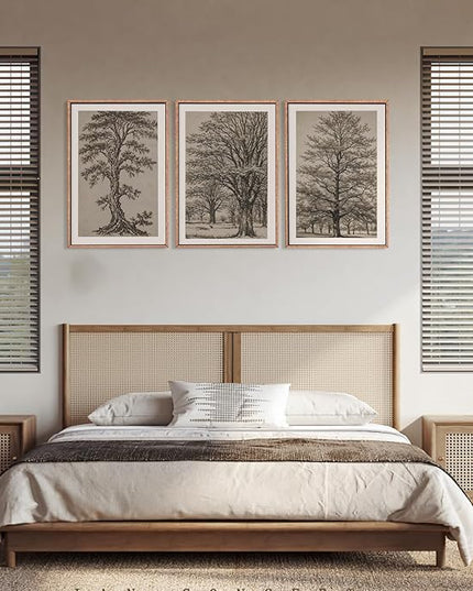 HOURIA Vintage Tree Sketch Framed Canvas Wall Art Set,Natural Brown and Gray Woodland Wall Decor,Mid Century Nature Forest Artwork,Textured Botanical Art Print for Living Room,Bedroom,Office-24"x36"x3