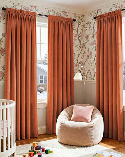 Lazzzy Velvet Blackout Curtains Thermal Insulated Room Window Drapes Super Soft Luxury Curtains for Living Room Bedroom Rod Pocket 2 Panels, Pumpkin, 52" W x 84" L