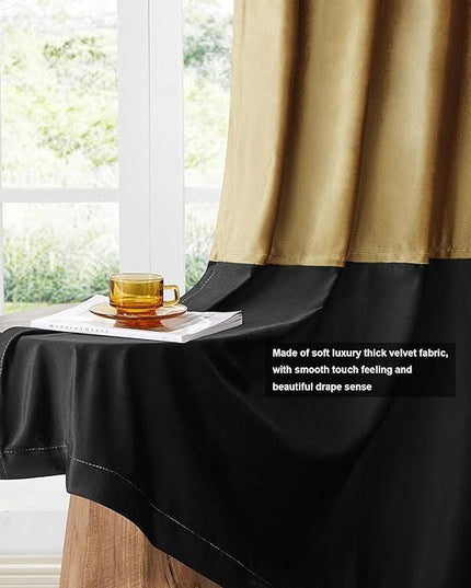 BULBUL Color Block Window Curtains Panels 72 inches Long Gold Black Velvet Farmhouse Drapes for Bedroom Living Room Darkening Treatment with Grommet Set of 2