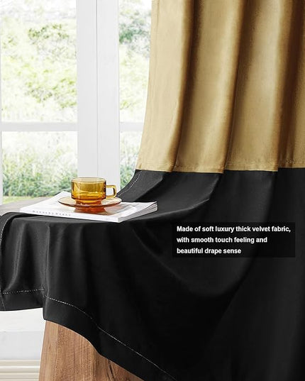 BULBUL Color Block Window Curtains Panels 90 inches Long Gold Black Velvet Farmhouse Drapes for Bedroom Living Room Darkening Treatment with Grommet Set of 2