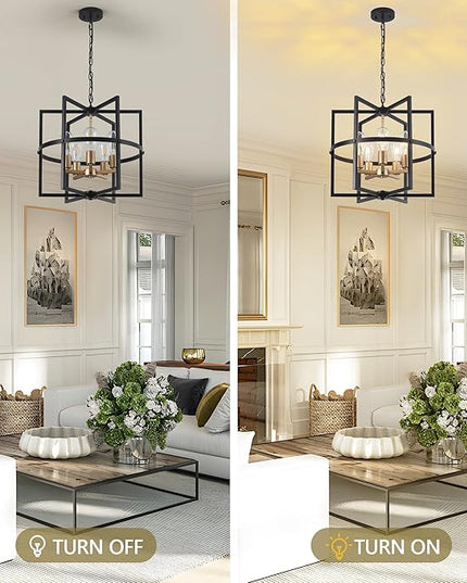 19'' Black and Gold Chandeliers for Dining Room, 5-Light Modern Farmhouse Industrical Pendant Light Fixture Rustic Geometric Hanging Chandelier for Kitchen Island Entryway Hallway Foyer