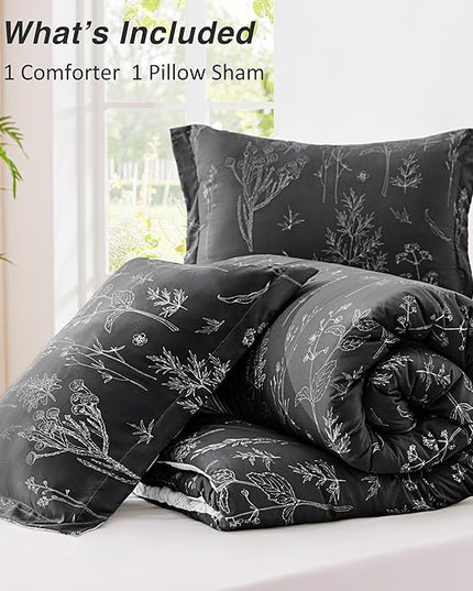Love's cabin Black Twin Comforter Set - Twin XL Size Comforter Set Dorm Bedding, 2 Pieces Cute Floral Bedding, Soft Reversible Flowers Comforter, 1 Comforter & 1 Pillow Sham