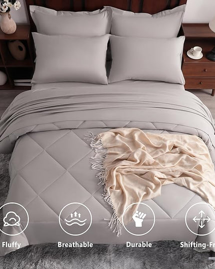 NTBAY King Comforter Set with Sheets, 7 Pieces Soft and Breathable King Bedding Set, Bed in a Bag, Down Alternative Comforter Set Solid Color All Season, Smoke Grey