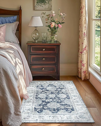 jinchan Fiora Floral 3x5 Area Rugs for Entryway - Machine Washable Taupe Vintage Distressed Design Doormat Non-Slip Ultra-Thin Low Pile Boho Rug for Kitchen Living Room Farmhouse (3‘x5', Dark Blue)