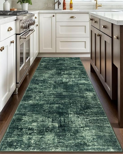 IOHOUZE Abstract Runner Rug 3x8 Ft Washable Runners for Hallways, Non Slip Kitchen Runner Printed Faux Wool Entryway Runner Indoor, Modern Abstract Floor Carpet for Hall Bedroom, Dark Green