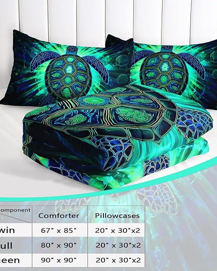 AILONEN Sea Turtle Comforter Set Twin Size,Green Blue Turtle Boho Bedding Set for Room,Lightweight Microfiber Duvet with 2 Pillowcases