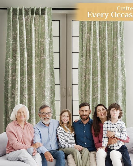 Maison d' Hermine Curtains for Living Room 100% Cotton 84 inch Length One Panel Light Filtering Toile Curtains for Bedroom Windows with Rod and Loop Pockets Drapes (Joli Jouy Green, 50" W x 84" L)