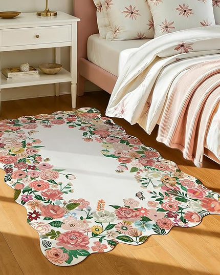 Wonnitar Washable Area Rug 3x5, Soft Camellia Floral Pink Rugs for Bedroom Living Room, Non Slip French Scalloped Flower Nursery Rug Throw Carpet for Kids Room Decor Bedside Entryway (Pink,3'x5')