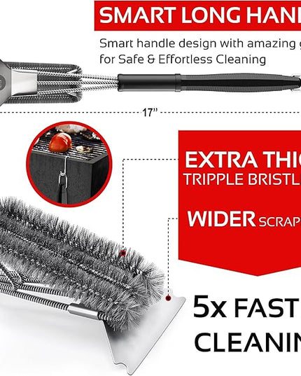 KITCHEN PERFECTION Safe Wire Grill Brush for Outdoor Grill w/Grill Scraper & Grill Mat Grill Cleaning Kit -Extended Handle BBQ Brush for Effortless Grill Cleaning Grill Cleaner Brush Barbecue Tools