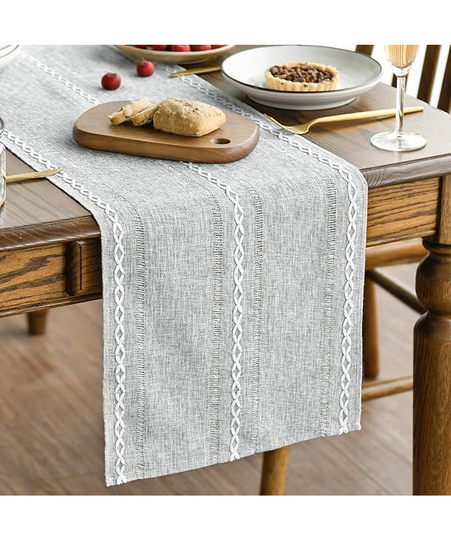 Artoid Mode Grey Rustic Cotton Linen Table Runner, Seasonal Embroidered Hollow Kitchen Dining Table Decoration for Home Party Decor 13x108 Inch