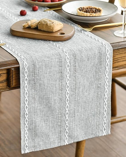 Artoid Mode Grey Rustic Cotton Linen Table Runner, Seasonal Embroidered Hollow Kitchen Dining Table Decoration for Home Party Decor 13x72 Inch