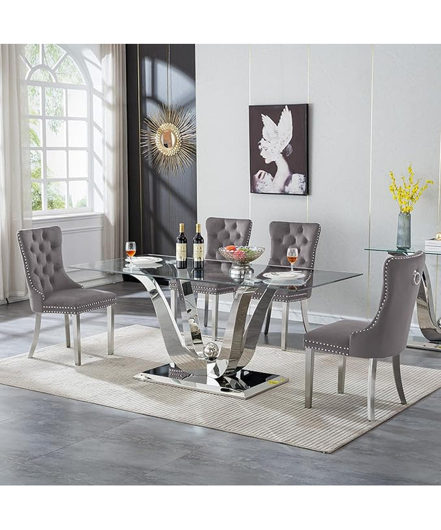 5-Piece Glass Dining Table Set w/4 Gray Upholstered Dining Chairs, 70in Rectangular Large Kitchen Table Set for 4, Glass and Silver Dining Table and Chair Set for 4