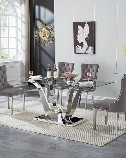 70" Modern Silver Glass Dining Table Set for 4, 5-Piece Rectangle Kitchen Dining Room Table Set with Steel Base & 4 Grey Velvet Upholstered Chairs, Modern Glass Kitchen Table and Chairs Set of 4