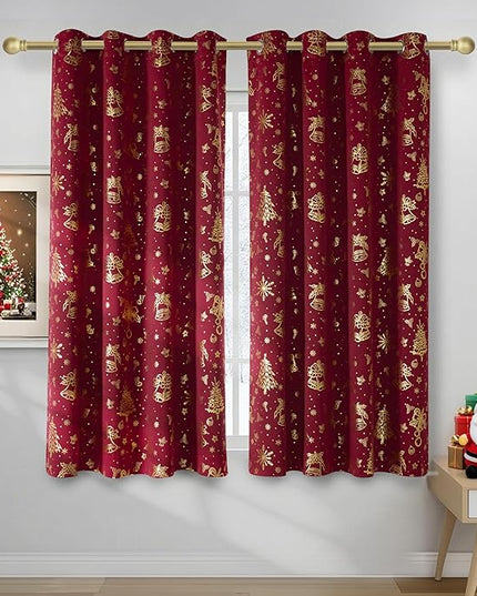 NICETOWN 2 Panels Christmas Red Curtains 52 x 63 Inch - Gold Stamped Grommets Christmas Curtains for Living Room, Bedroom - Holiday Festive Window Drapes - Christmas Decoration