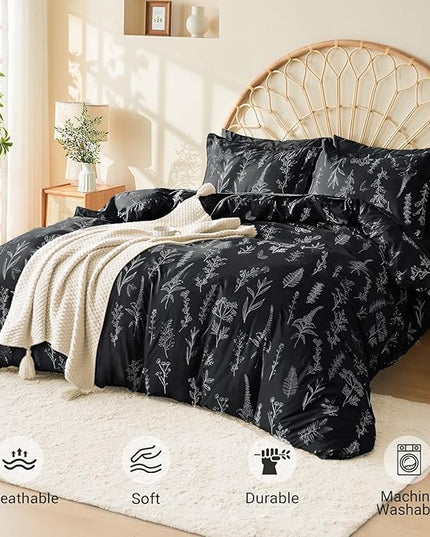 MUXHOMO Black Full Comforter Set, Elegant Floral Print Bed in a Bag 7 Pieces, Ultra Soft & Breathable Reversible Botanical Pattern Bedding Set with Comforter, Sheets, Pillowcases, and Shams