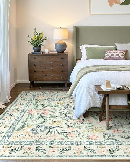 Wonnitar Large Rugs for Living Room, Soft Washable Floral 9x12 Area Rug for Bedroom, Boho Non-Shedding Foldable Carpet for Kids Playroom Apartment Home Decor