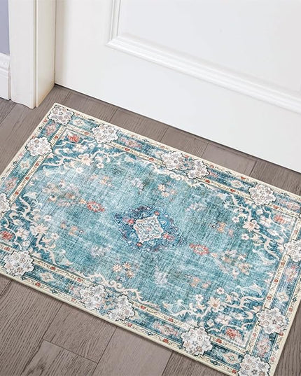 MUJOO Teal Area Rug Small Rugs Boho Machine Washable Rugs Non Slip for Entryway Kitchen Bathroom Bedroom Vintage Soft Low-Pile 2'x3' Blue Flowers Colorful