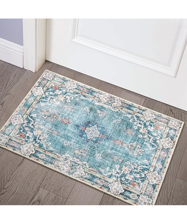 MUJOO Teal Area Rug Small Rugs Boho Machine Washable Rugs Non Slip for Entryway Kitchen Bathroom Bedroom Vintage Soft Low-Pile 2'x3' Blue Flowers Colorful