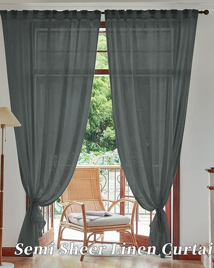 DUALIFE Grey Linen Semi Sheer Window Curtain 84 Inch Length Panels Drapes for Living Room Boho Rod Pocket Back Tab Long Curtains Set 2 for Farmhouse Decor Bedroom, 52 x 84 Gray