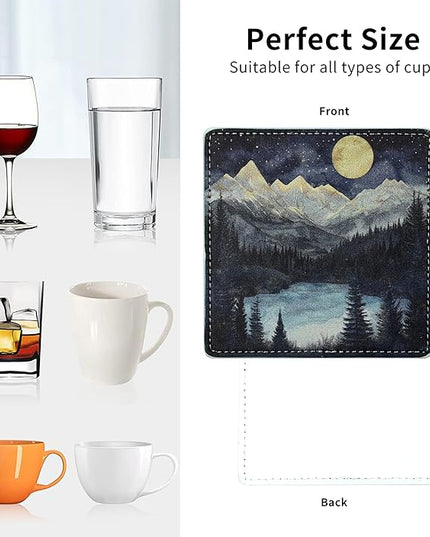 Marble Coasters Square Leather Drinks Coaster Set with Holder for Coffee Table Bar Home Decor 4 Inches Set of 6 (Forest Night, One Size)