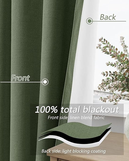 Guken Olive Green Blackout Curtains 72 Inch Length 2 Panels Set for Living Room Bedroom Back Tab Thermal Insulated 100% Black Out Linen Drapes Room Darkening Window Curtains 72 Inches Long
