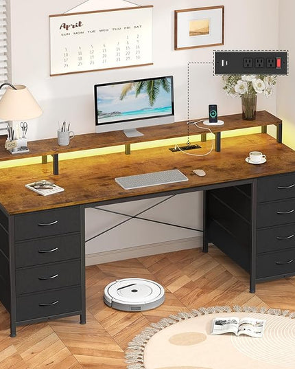 60 Inch Computer Desk with 8 Fabric Drawers, Gaming Desk with LED Lights & Power Outlets, Home Office Desk with Monitor Stand, Rustic Brown