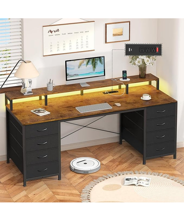 60 Inch Computer Desk with 8 Fabric Drawers, Gaming Desk with LED Lights & Power Outlets, Home Office Desk with Monitor Stand, Rustic Brown