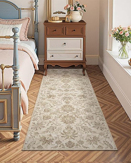 jinchan Torino Runner Rugs 2x6, Vintage-Inspired Floral Neutral Design Machine Washable Non-Slip Ultra-Thin Low-Pile Rubber Backing Runner Rug for Kitchen Hallway Laundry Room Entryway Taupe