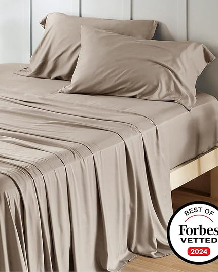 Bedsure King Size Sheets Set, Cooling Sheets for Hot Sleepers, Rayon Derived from Bamboo, Breathable & Soft, Deep Pocket Up to 16 Inches, Hotel Luxury Silky Bedding, Simply Taupe