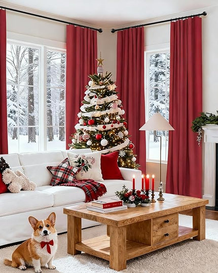 INOVADAY 100% Blackout Curtains for Bedroom, Black Out Curtains 102 Inch Long, Clip Rings Linen Blackout Drapes, Thermal Insulated Room Darkening for Living Room, 2 Panels - Ruby Red,W50xL102