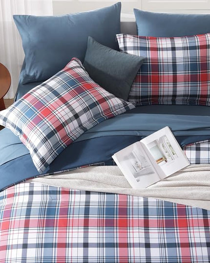 MaiRêve Queen Size Plaid Comforter Set Navy Red, Classic 7 Pieces Farmhouse Bedding Set, All Season Lightweight Bed in A Bag with Sheets, Pillowcases & Shams