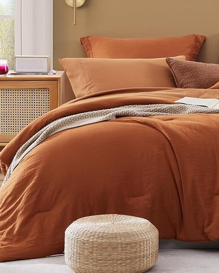 WRENSONGE Oversized Queen Comforter Set - 7 Pieces Burnt Orange Bed in a Bag Queen with Sheets, 2 Pillow Shams, and 2 Pillowcases- Warm Bedding Sets Queen for All Season