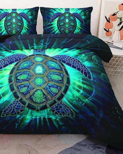 AILONEN Sea Turtle Comforter Set Twin Size,Green Blue Turtle Boho Bedding Set for Room,Lightweight Microfiber Duvet with 2 Pillowcases