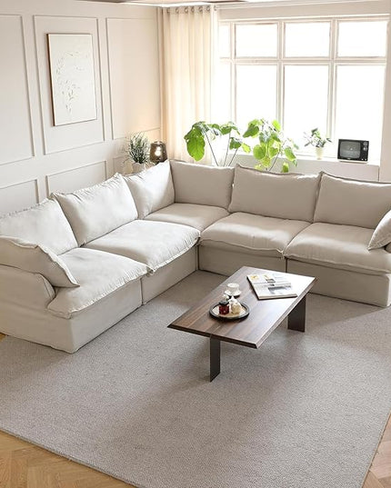 JACH V-Shaped Beige Cloud Couches, Convertible Modular Sofas, Minimalist Deep Seat Sofa, Down Fill Sectional, Couch Sofa Furniture for Living Room, Office, Apartment
