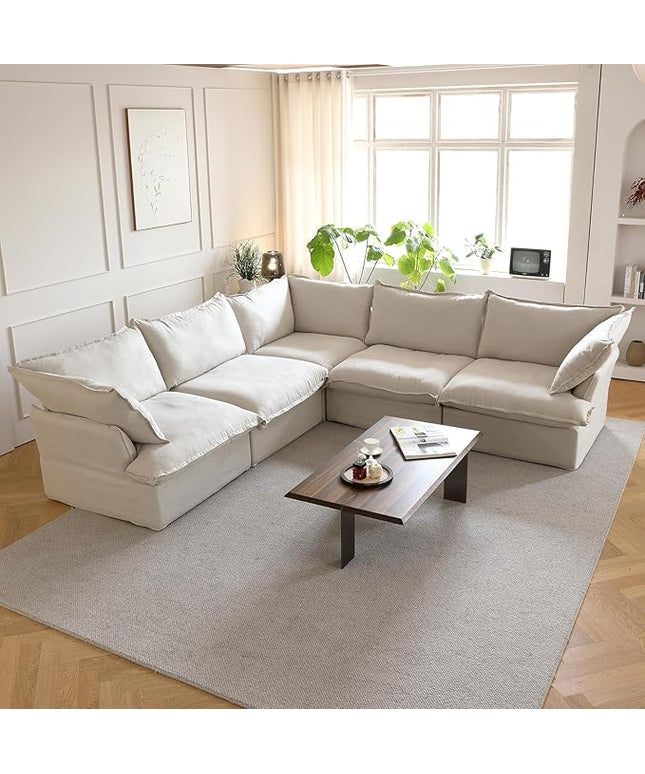 JACH V-Shaped Beige Cloud Couches, Convertible Modular Sofas, Minimalist Deep Seat Sofa, Down Fill Sectional, Couch Sofa Furniture for Living Room, Office, Apartment