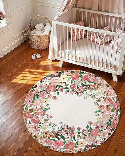Wonnitar Washable 4ft Round Area Rug, Pink Camellia Floral Living Room Rugs for Bedroom Girls, Low Pile Soft French Throw Carpet for Kids Nursery Room Decor (Pink,4ft Round)
