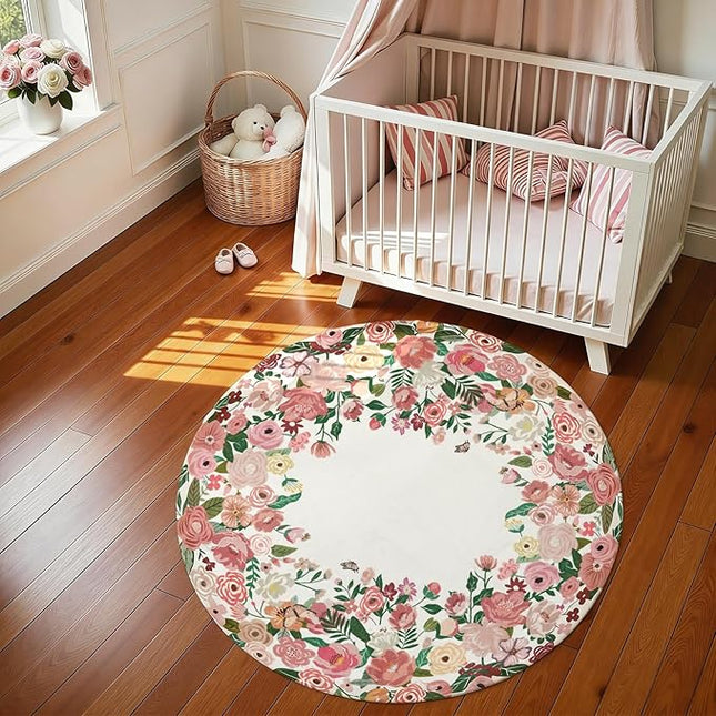 Wonnitar Washable 4ft Round Area Rug, Pink Camellia Floral Living Room Rugs for Bedroom Girls, Low Pile Soft French Throw Carpet for Kids Nursery Room Decor (Pink,4ft Round)