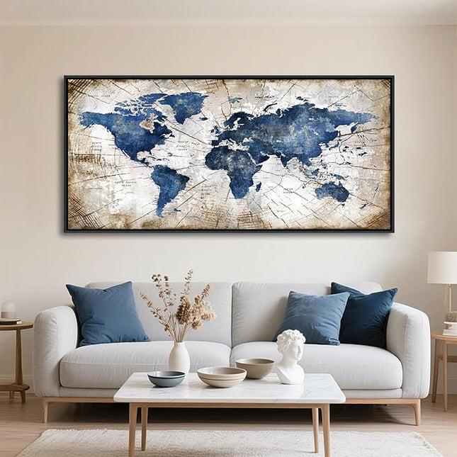World Map Canvas Wall Art Navy World Maps for Wall Vintage Modern Wall Art for Office Framed Pictures for Living Room Bedroom Wall Decoration for Home Office Decor Artwork for Walls 29x58IN