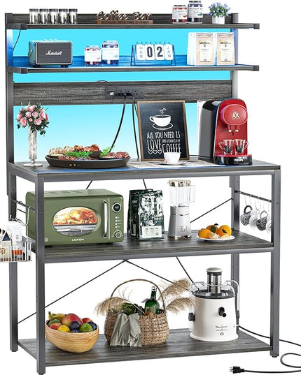 Aheaplus Bakers Rack with Power Outlet, Microwave Stand, 5 Tiers Coffee Bar Station with Led Lights, Kitchen Storage Shelf with 6 S-Shaped Hooks, Kitchen Rack Coffee Bar Stand, Grey Oak