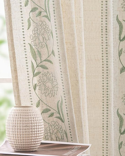 jinchan Winslow Linen Curtains for Bedroom 96 Inches Length Embroidered Bordered Floral Curtains for Living Room Farmhouse Decor Light Filtering Window Treatments Sage on Beige Drapes 2 Panels