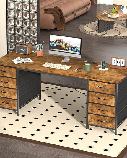 60 Inch Computer Desk with 8 Drawers, Home Office Desk with Power Outlets, Work Study Gaming Desk with 8 Fabric Drawers, Rustic Brown