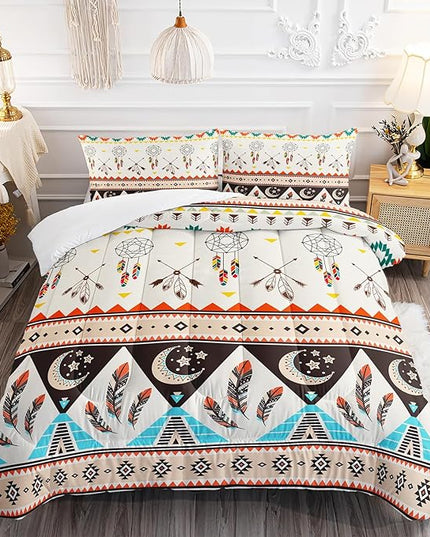 AILONEN Tribal Geometric Comforter Set Queen Size, Native American Dreamcatcher Bedding Set,American Indian Ethnic Geometric Seamless Pattern Duvet Set 3 Pieces, 1 Quilt and 2 Pillowcases