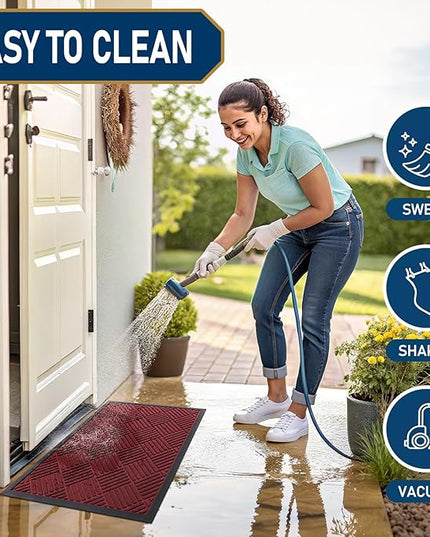 Smiry Front Door Mat Outside Entrance, Heavy Duty Outdoor Indoor Mat, Natural Rubber Doormat, Non Slip, Trap Dirt and Moisture, Easy Clean, Low Profile Patio Porch Entryway Mat, 59x35, Wine Red