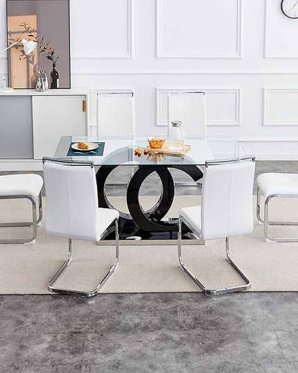 Ebullient Glass Dining Table Set for 6 ，7 Piece Dining Table Set,Tempered Glass Table Top，Modern Dining Room Table with 6 PU Leather Ergonomic Dining Chairs