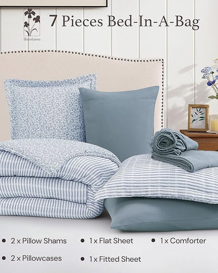 Queen Comforter Set - 7 Pieces Blue Gauze Muslin Bedding Sets for All Seasons, Lightweight Breathable Bed in a Bag Queen with Revesible Farmhouse Comforter, Sheets, Pillowcases & Shams