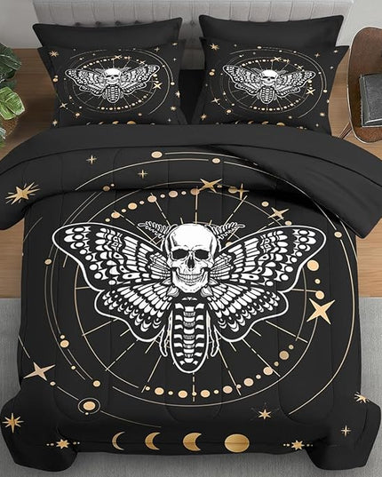 Comforter Set Full Size, Dark Star Moon 7 Pcs Bedding for Adults, Moth Bed Sheet Sets with Fitted Sheet 2 Pillowcases & 2 Shams for Bedroom Bed Decor