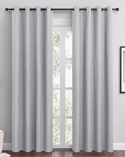 Light Grey Linen Blackout Curtains 96 Inch Length 2 Panels Set for Bedroom Living Room Grommet 100% Black Out Linen Drapes Room Darkening Window Curtains 96 Inches Long Light Silver Gray