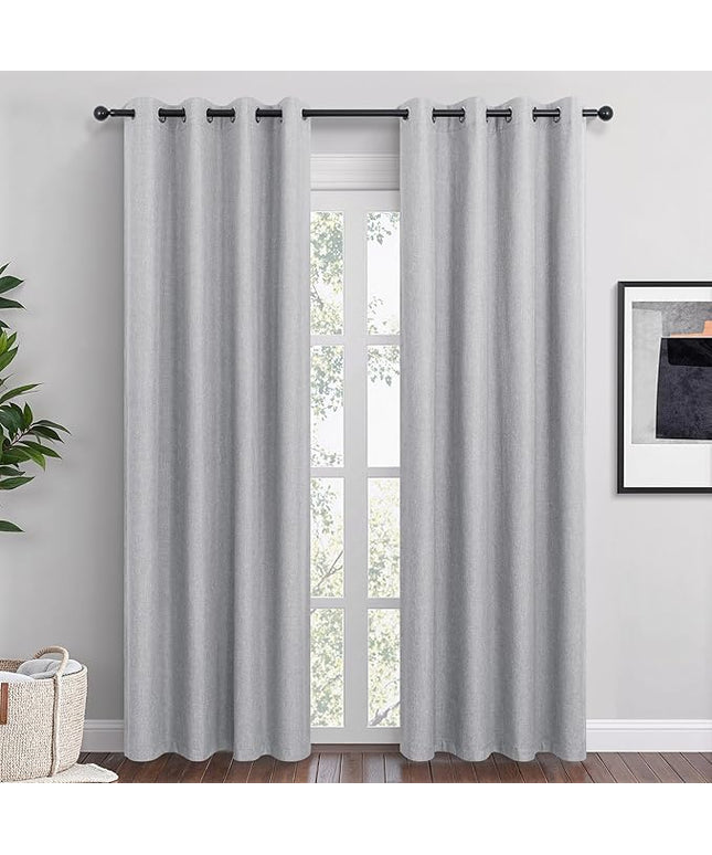 Light Grey Linen Blackout Curtains 102 Inch Length 2 Panels Set for Bedroom Living Room Grommet 100% Black Out Linen Drapes Room Darkening Window Curtains 102 Inches Long Light Silver Gray