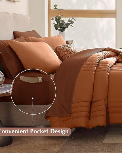 Monbix Full Comforter Set - 7 Pieces Burnt Orange Bed in a Bag Full Size Bedding Sets with Comforters, All Seasons Down Alternative Comforter with Sheets,Pillowcases & Shams
